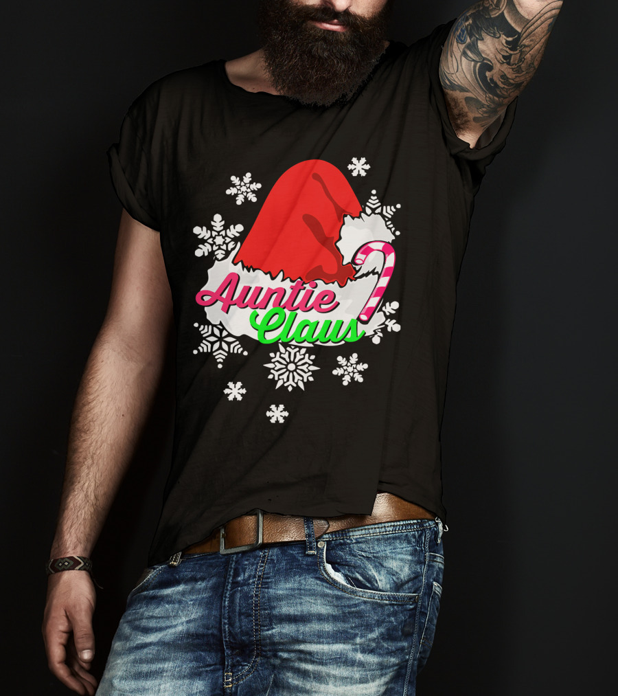 Auntie Claus Christmas Candy Cane Snowflakes Santa Hat T-Shirt