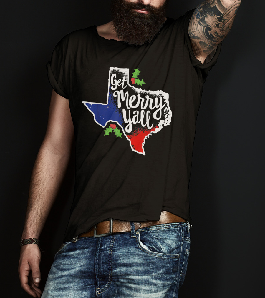 Get Merry Yall Texas State Outline Holly Berries Red White Blue T-Shirt