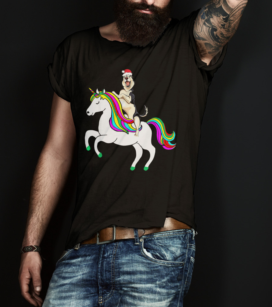 Pug Christmas Dog Riding Rainbow Unicorn T-Shirt
