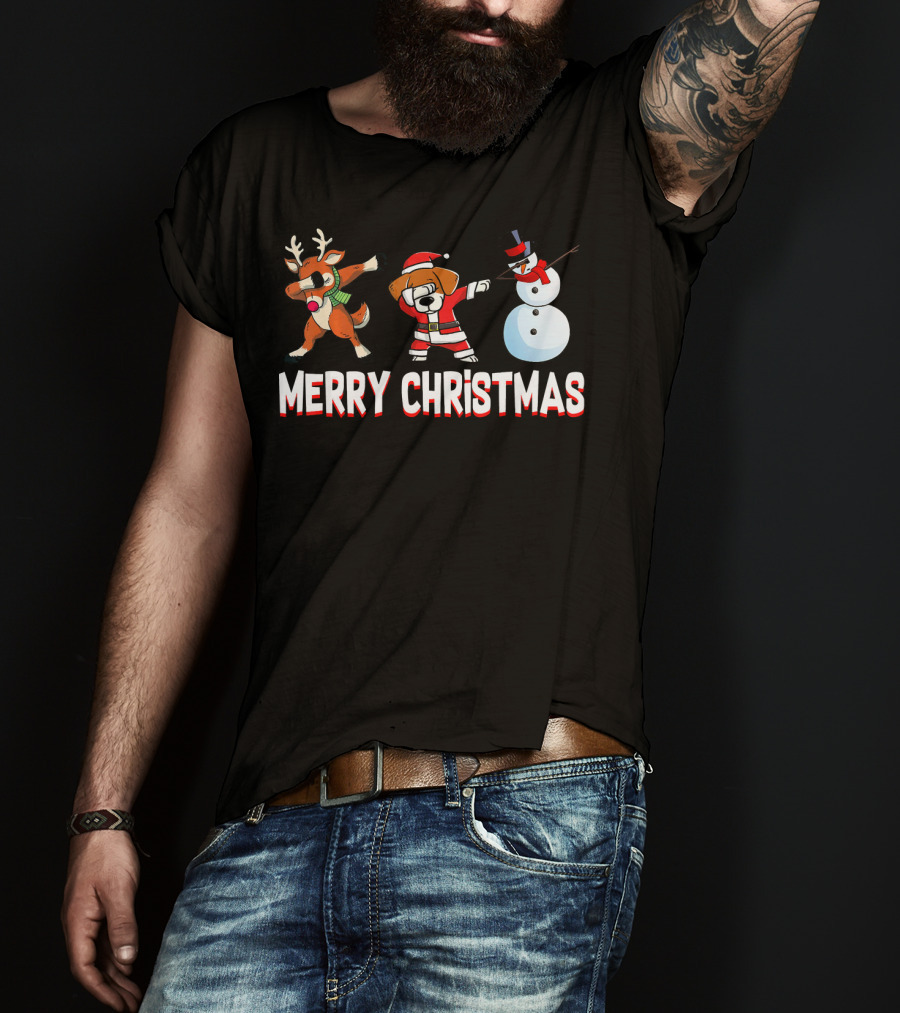 Merry Christmas Reindeer Santa Dog And Snowman T-Shirt