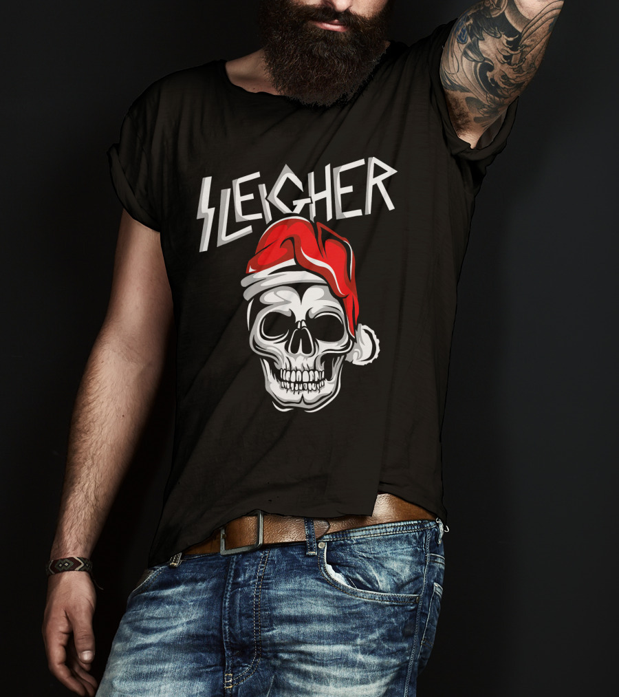 Sleigher Heavy Metal Music Skull With Santa Hat T-Shirt