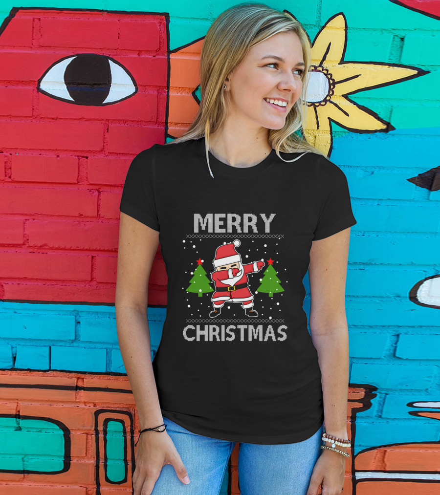 Merry Christmas Santa Dabbing With Christmas Trees T-Shirt