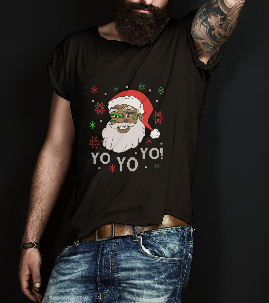 Yo Yo Yo Fun Black Santa Claus Christmas Snowflakes Glasses T-Shirt