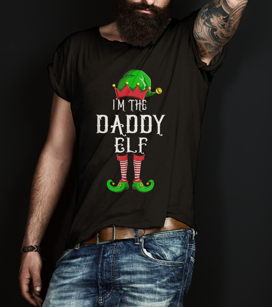 I'm The Daddy Elf Christmas Costume Green Hat Red White Striped Socks T-Shirt