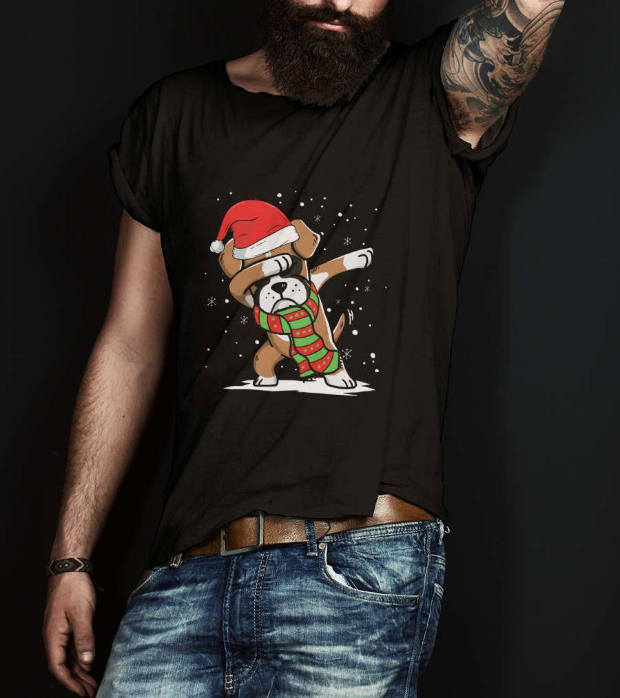 Santa Hat Dabbing Boxer With Christmas Scarf T-Shirt