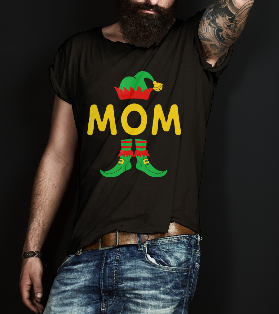 Mom Elf Funny Christmas Family Mat Festive Green And Red T-Shirt