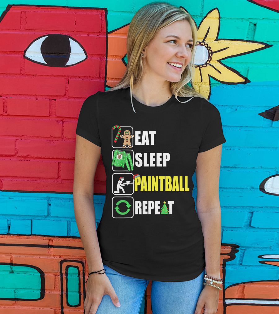 Eat Sleep Paintball Repeat Christmas Candy Cane Gingerbread Ugly Sweater Santa Hat Tree T-Shirt