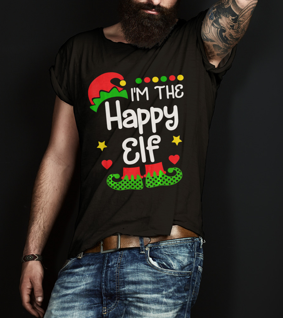 I'm The Happy Elf Christmas Hat Stars Hearts Dots T-Shirt