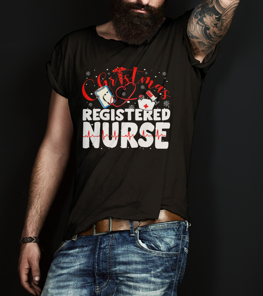Christmas Registered Nurse With Medical Icons And Heartbeat T-Shirt