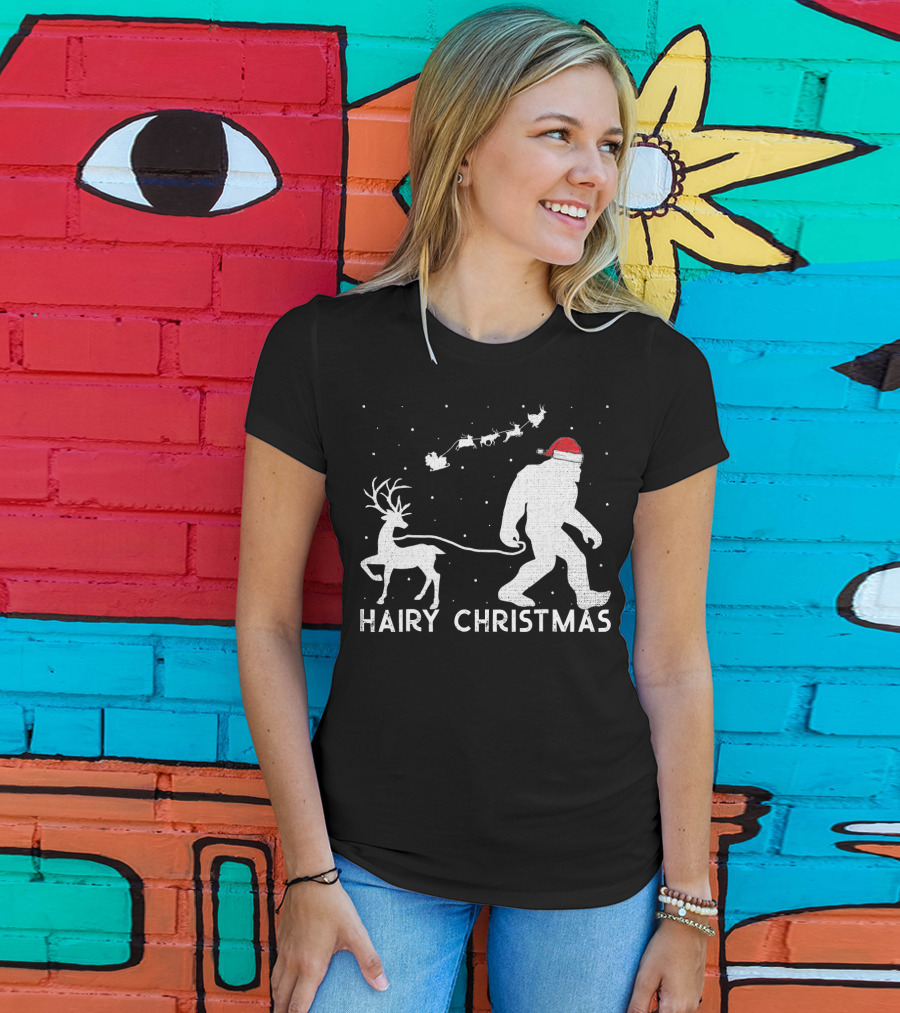 Hairy Christmas Bigfoot Santa Reindeer Snow Scene T-Shirt