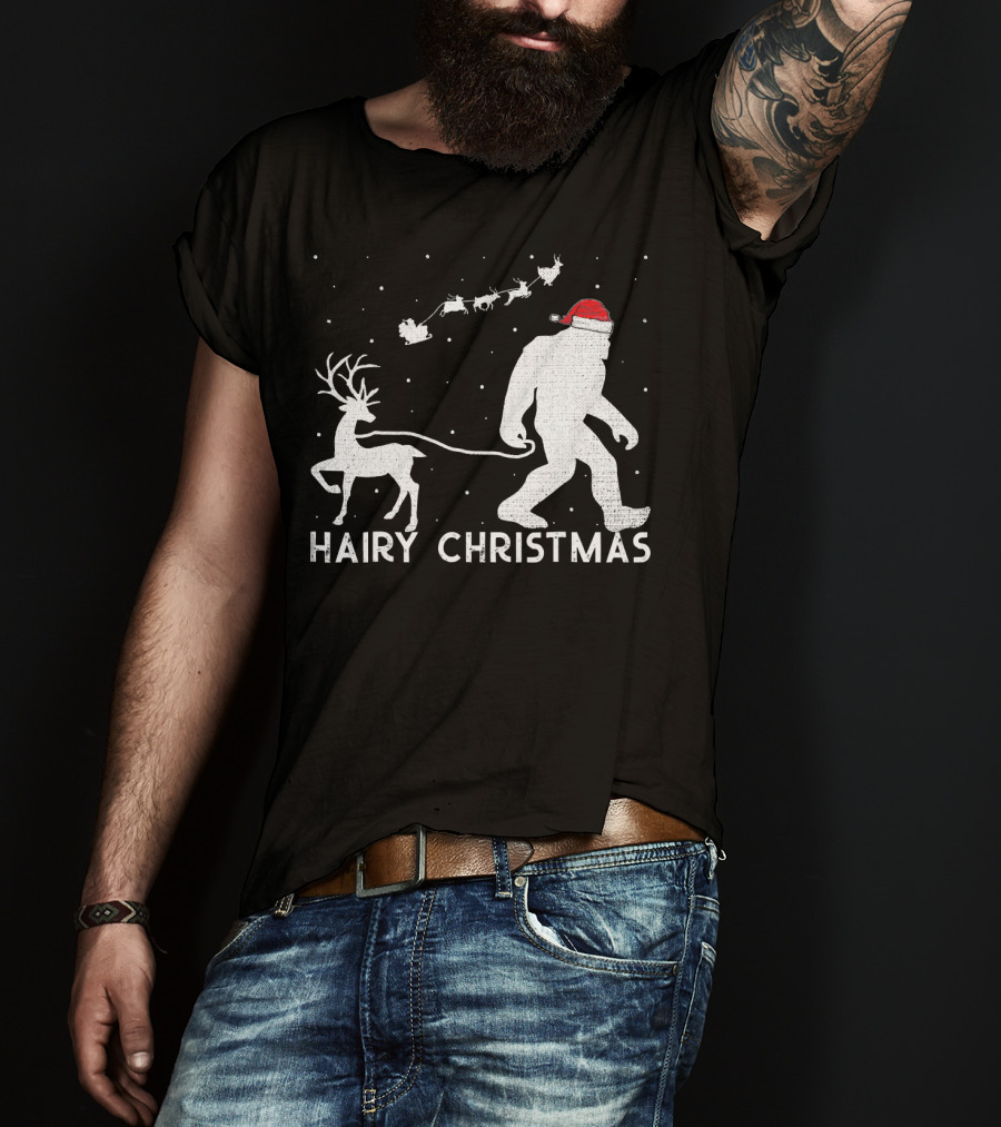 Hairy Christmas Bigfoot Santa Reindeer Snow Scene T-Shirt