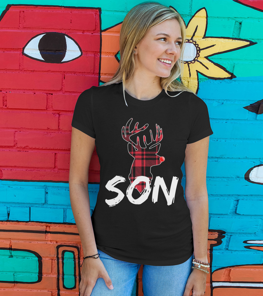 Son Family Matching Christmas Red Plaid Reindeer T-Shirt