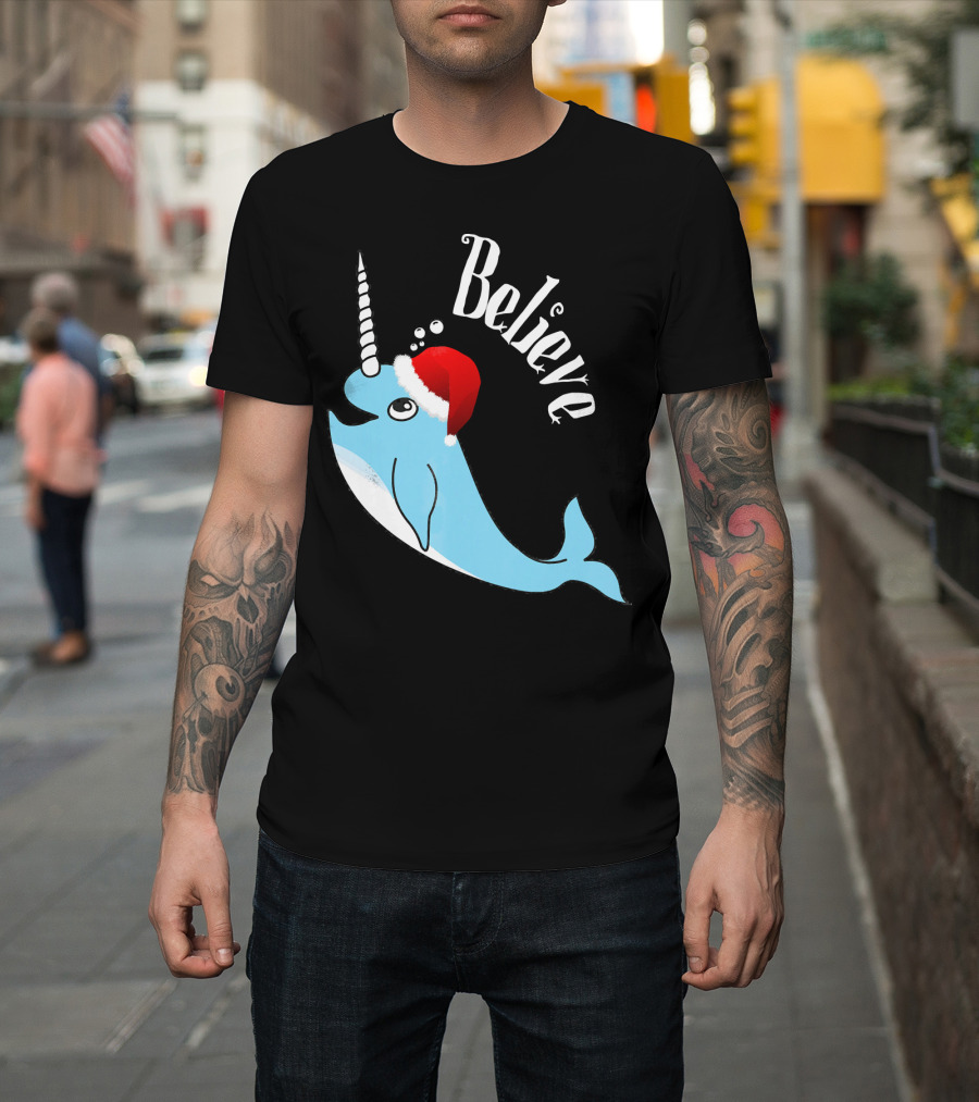 Believe Narwhal Christmas Cute Unicorn Santa Hat T-Shirt