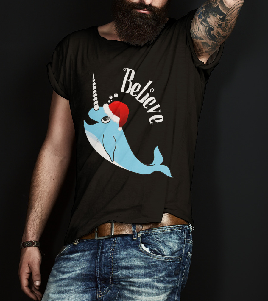 Believe Narwhal Christmas Cute Unicorn Santa Hat T-Shirt