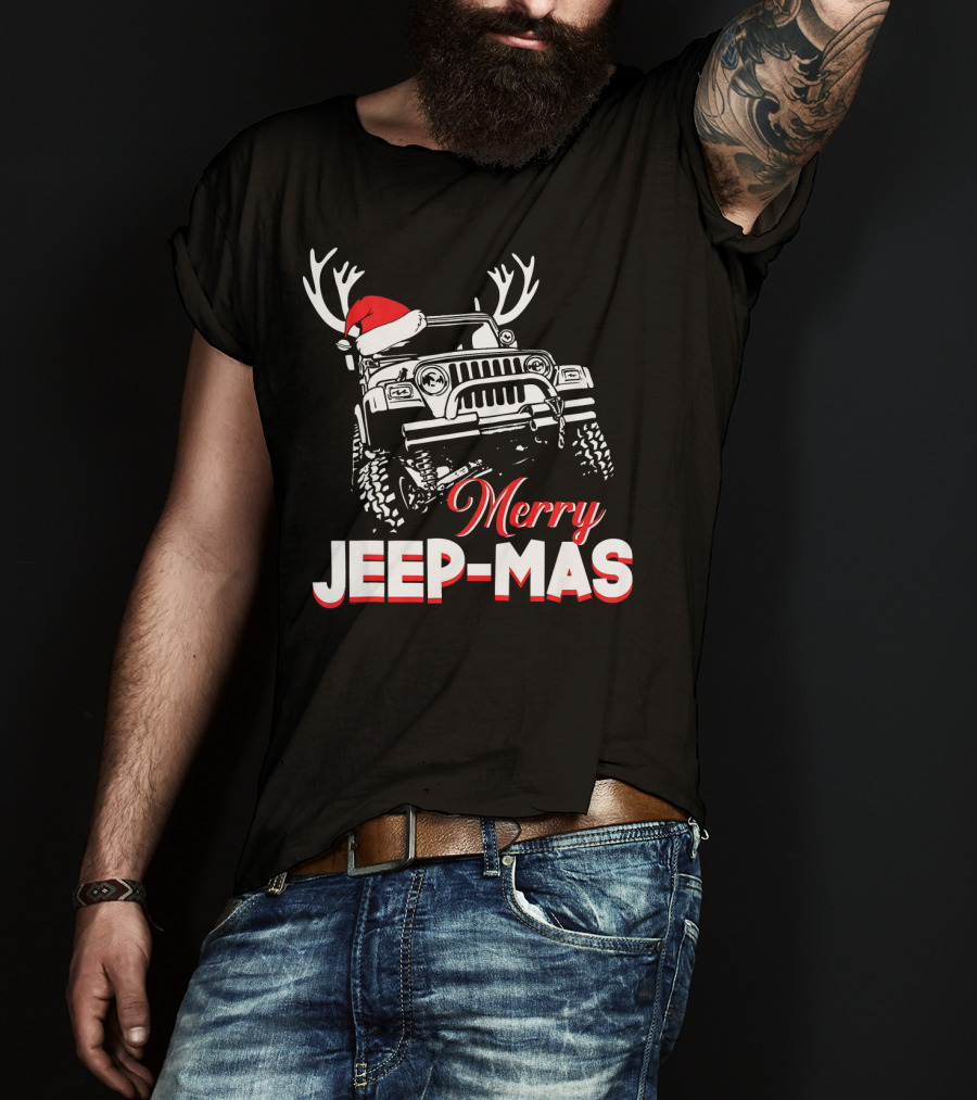 Merry Jeep-Mas Funny Jeep With Santa Hat And Reindeer Antlers T-Shirt