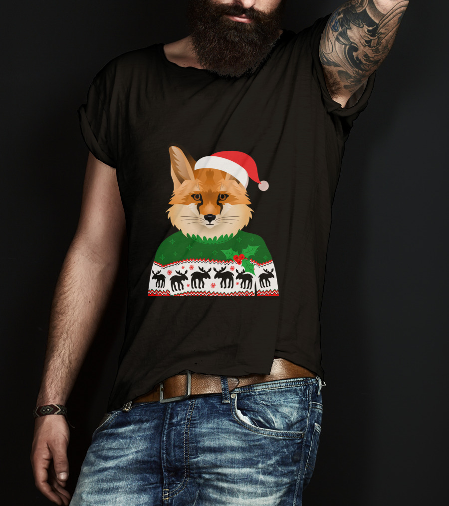 Long Sleeve Fox Ugly Christmas Sweater Santa Hat T-Shirt