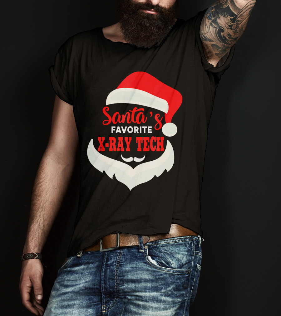 Santa's Favorite X-Ray Tech Christmas Santa Hat And Beard T-Shirt