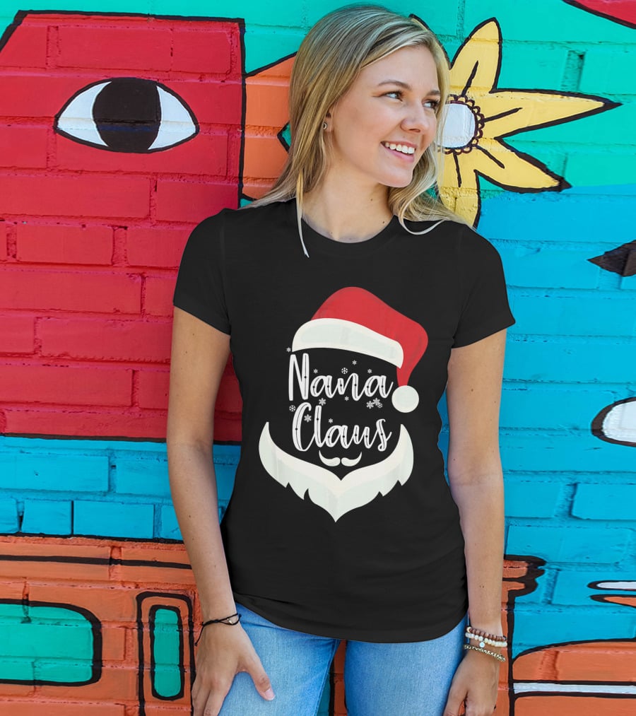 Nana Claus Santa Hat Beard Snowflakes T-Shirt