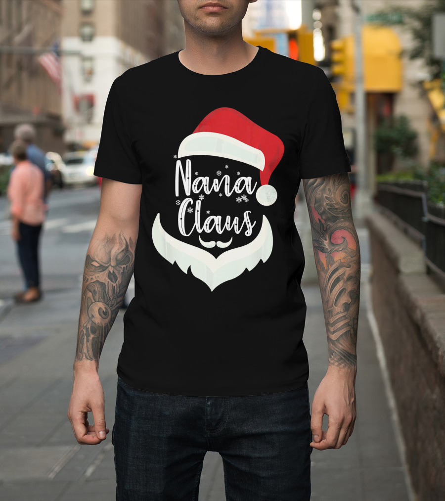Nana Claus Santa Hat Beard Snowflakes T-Shirt