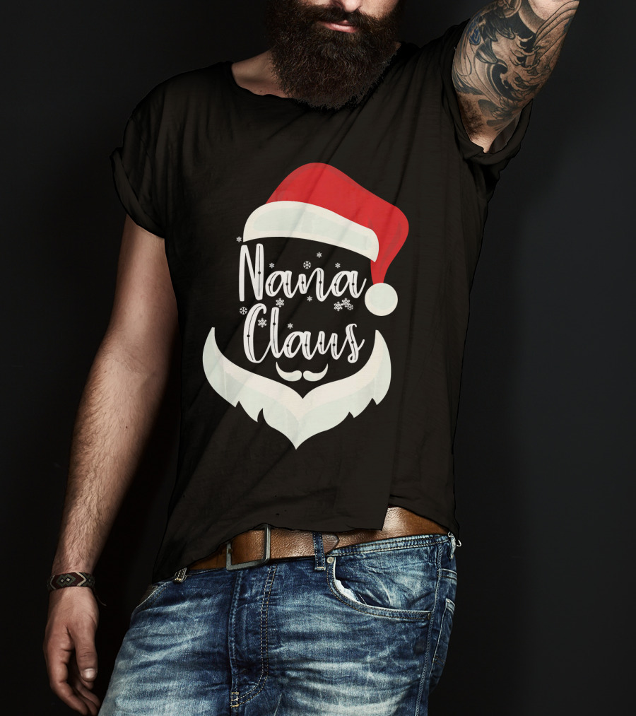 Nana Claus Santa Hat Beard Snowflakes T-Shirt