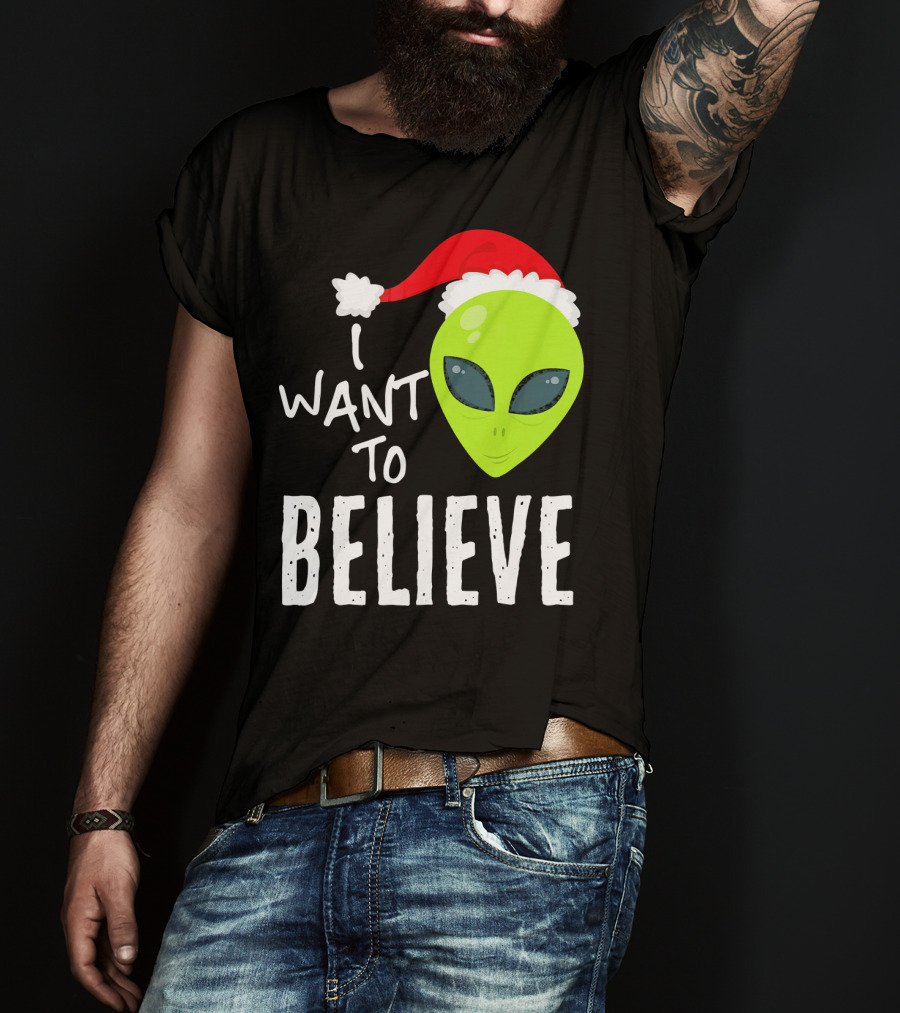 I Want To Believe Alien Santa Hat Christmas UFO T-Shirt