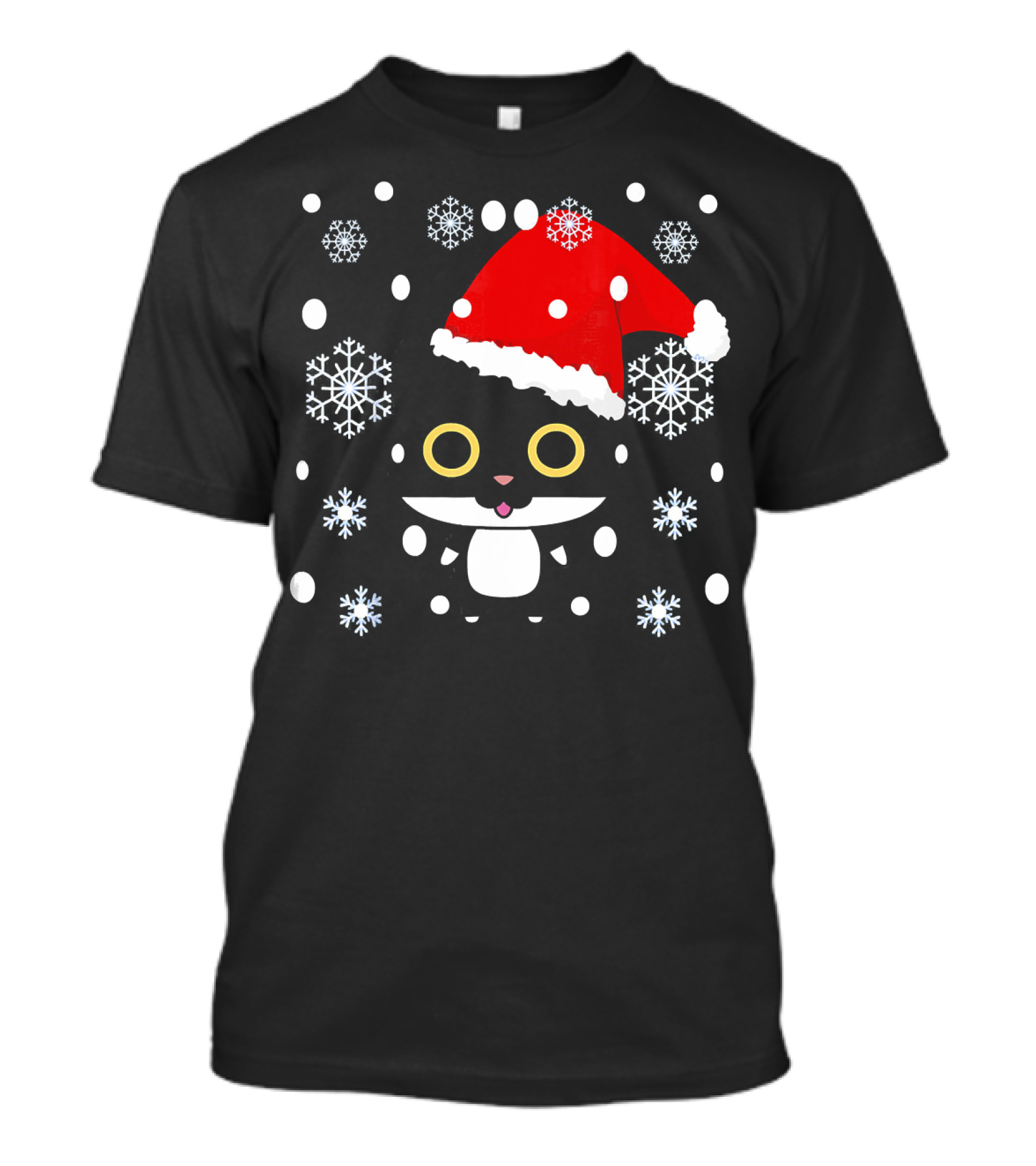 Cute Kawaii Cat With Santa Hat And Snowflakes Christmas T-Shirt