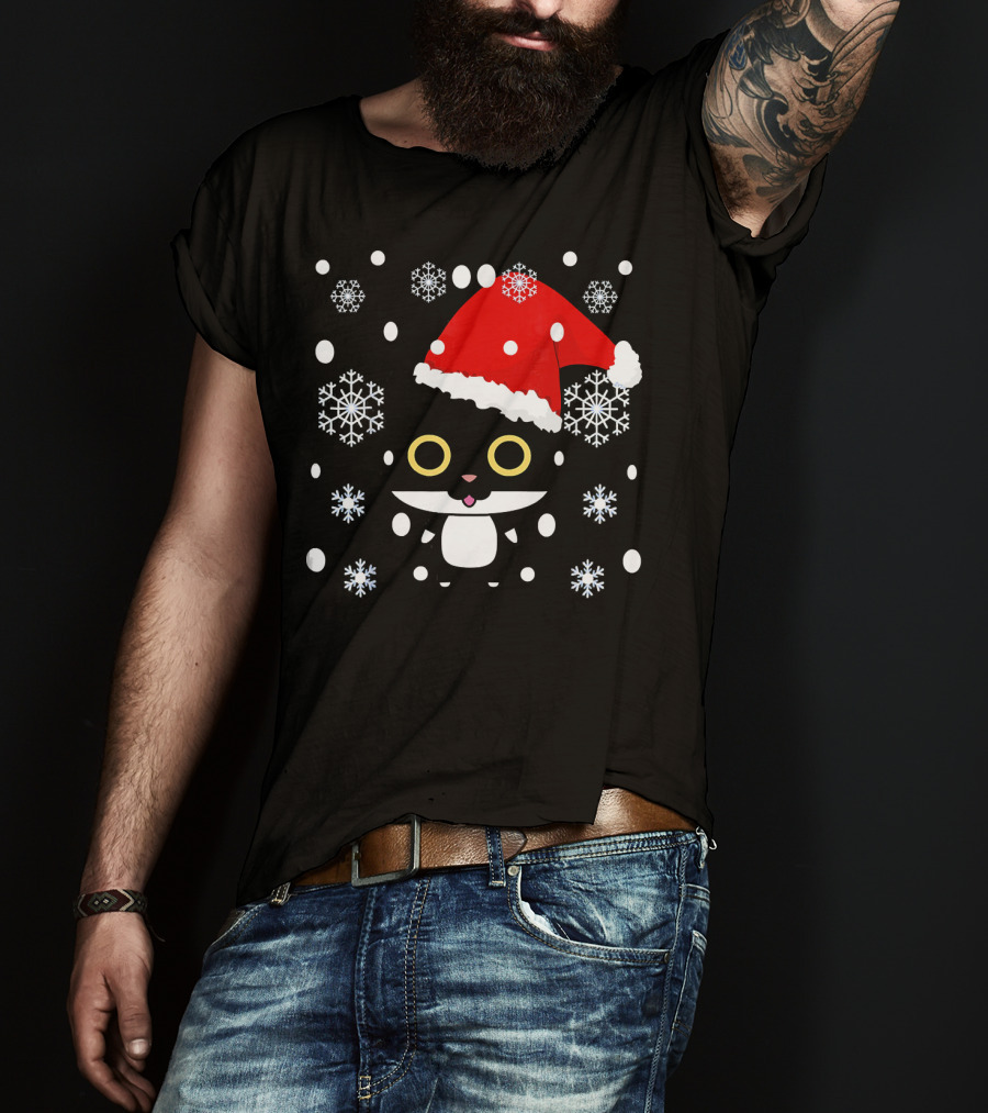 Cute Kawaii Cat With Santa Hat And Snowflakes Christmas T-Shirt