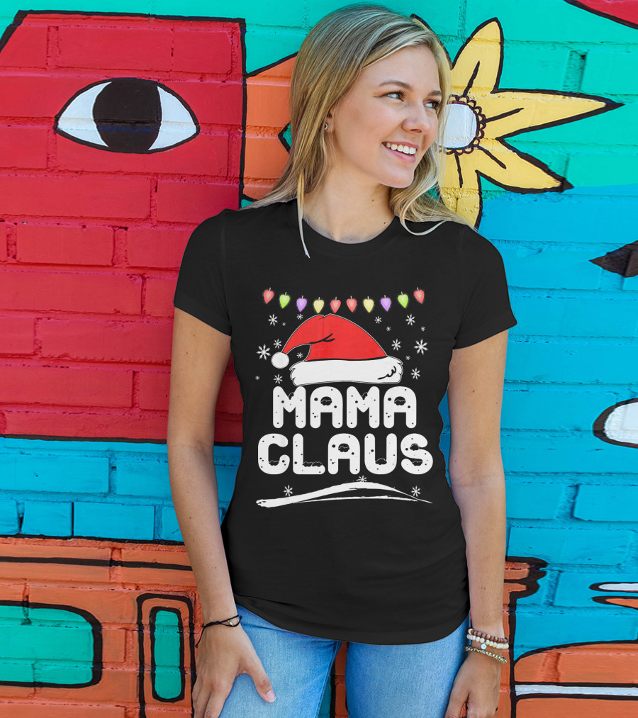 Mama Claus Christmas Heart Lights Santa Hat Snowflakes Family Santa T-Shirt
