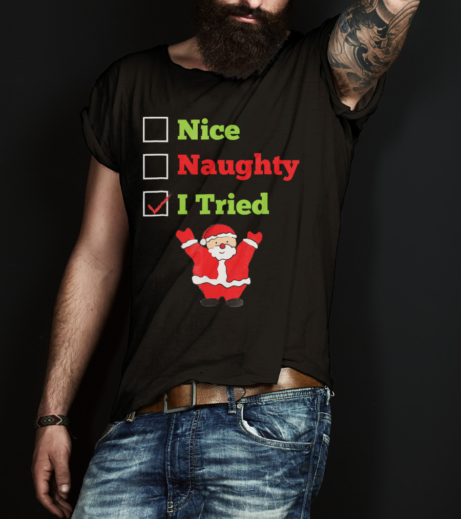 Nice Naughty I Tried Santa Checklist Funny Christmas T-Shirt