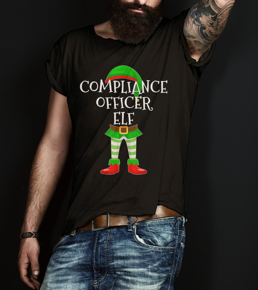 Compliance Officer Elf Christmas Outfit In Green And Red With Belt And Hat T-Shirt