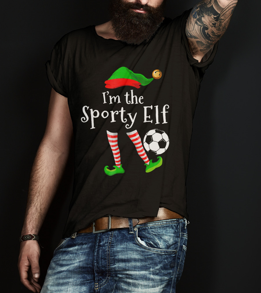 I'm The Sporty Elf Soccer Player Festive Holiday Striped Socks And Green Shoes With Soccer Ball T-Shirt