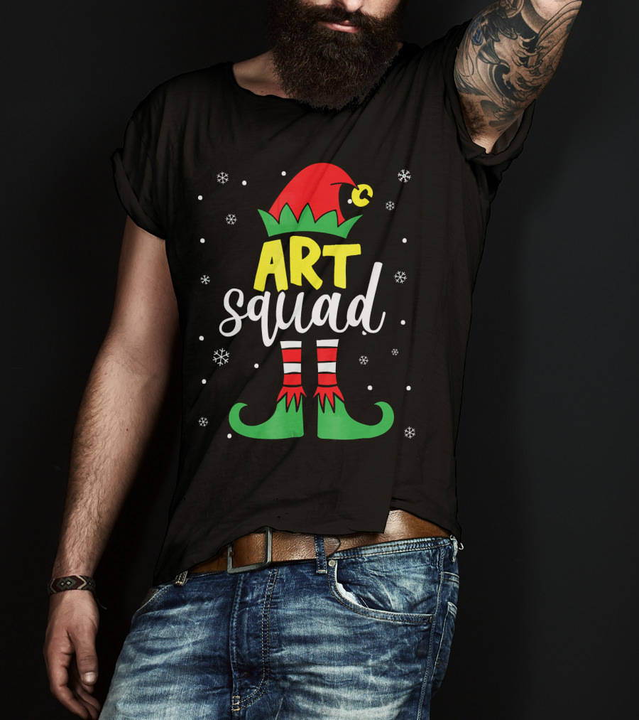 Art Squad Elf Christmas Teacher Snowflakes T-Shirt