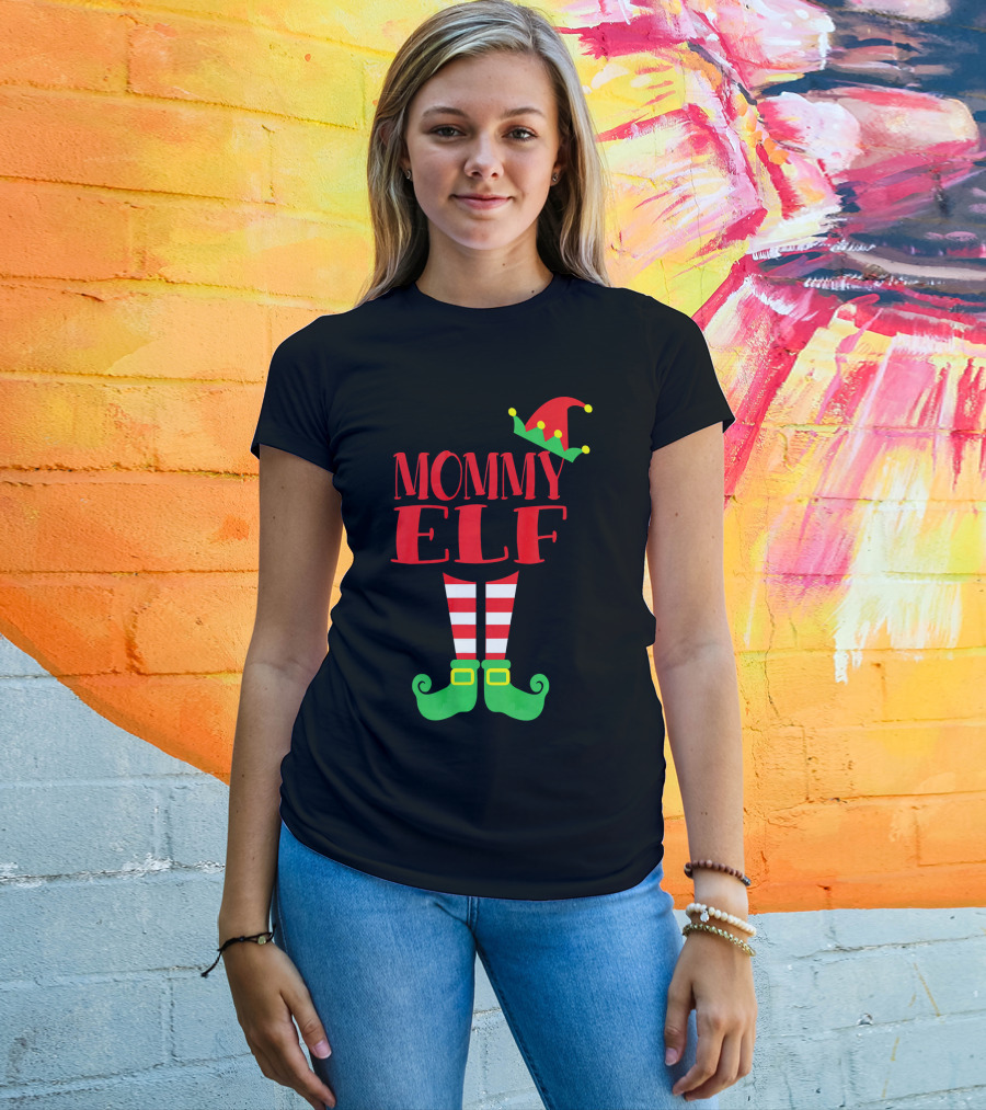Mommy ELF Christmas Hat And Striped Socks Festive Season T-Shirt