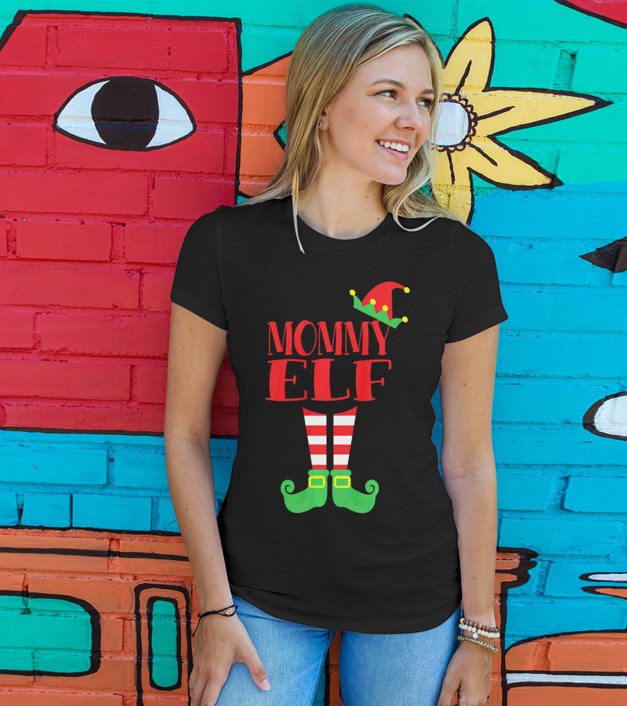 Mommy ELF Christmas Hat And Striped Socks Festive Season T-Shirt