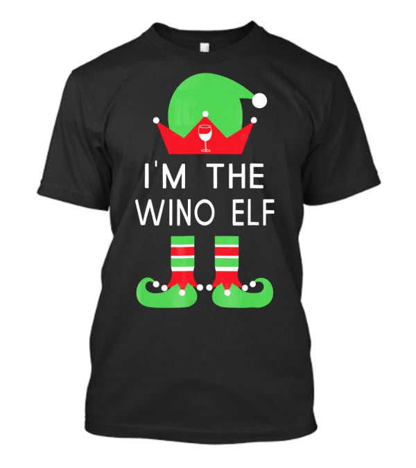 I'm The Wino Elf Funny Christmas Wine Green Red Hat And Striped Socks T-Shirt
