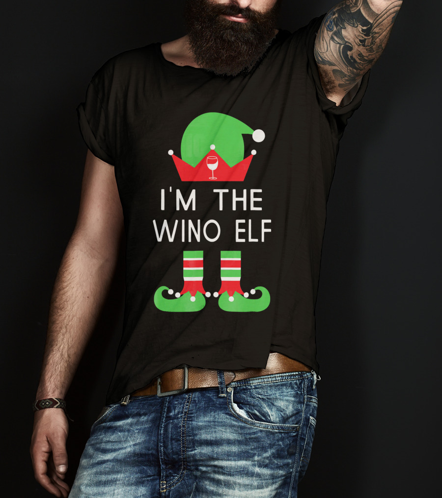 I'm The Wino Elf Funny Christmas Wine Green Red Hat And Striped Socks T-Shirt