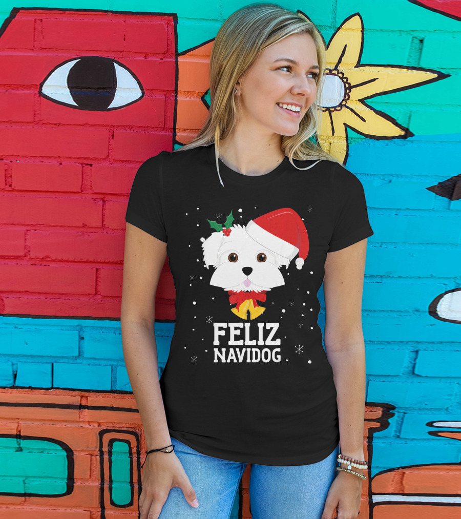 Feliz Navidog Christmas Dog In Santa Hat Maltese T-Shirt