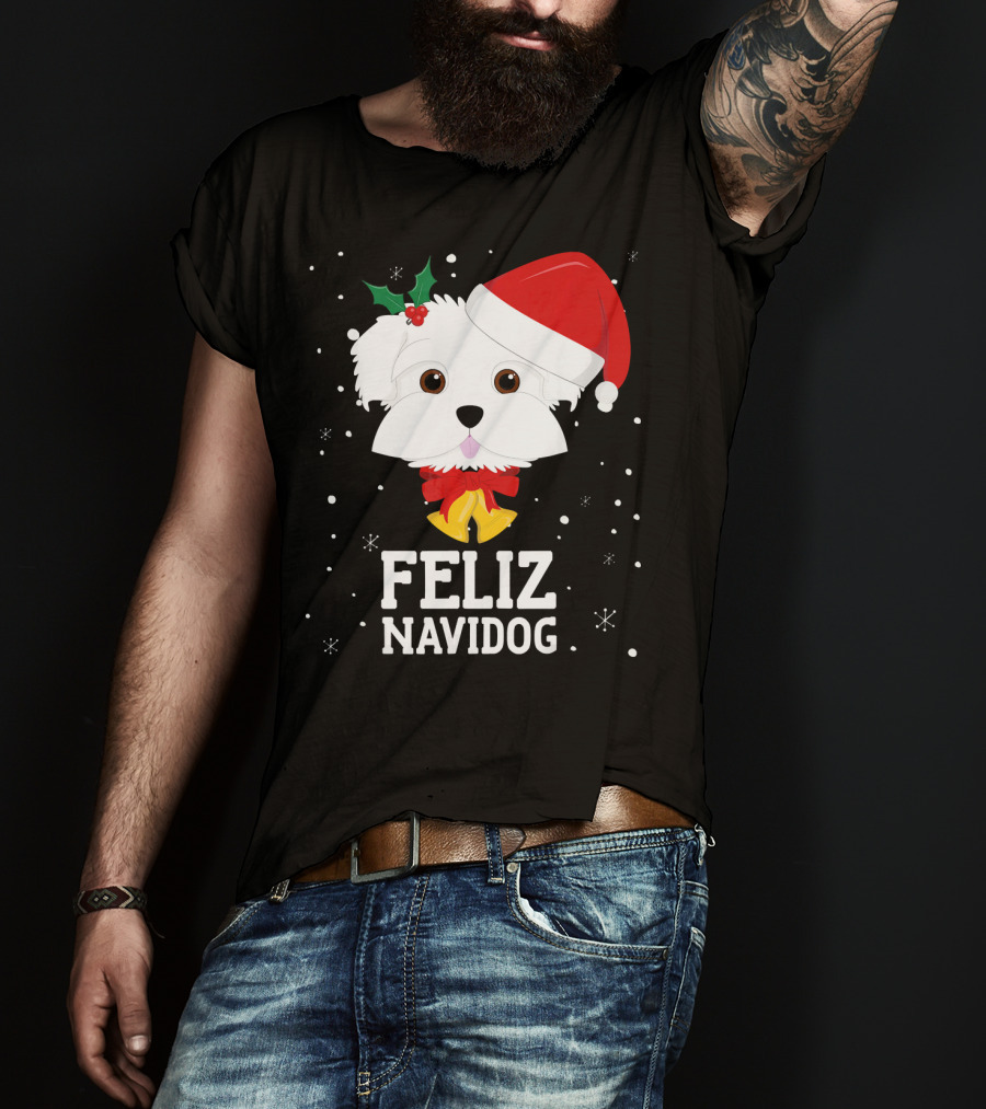 Feliz Navidog Christmas Dog In Santa Hat Maltese T-Shirt