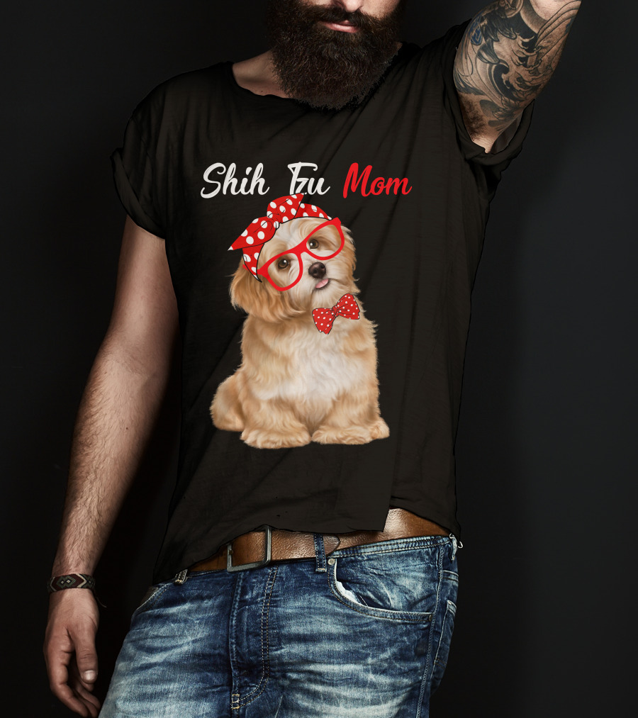 Shih Tzu Mom Red Glasses And Polka Dot Bow Accessories T-Shirt