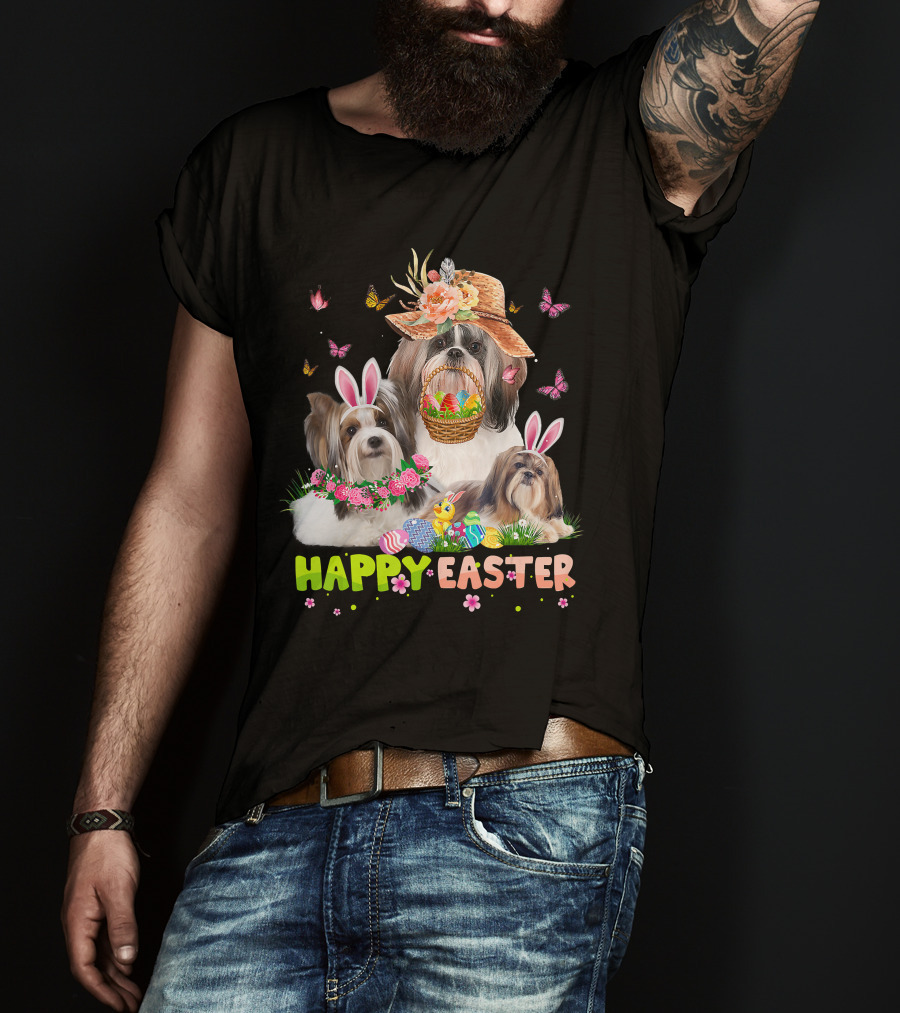 Shih Tzu Dogs With Bunny Ears And Easter Eggs Celebrating Happy Easter T-Shirt