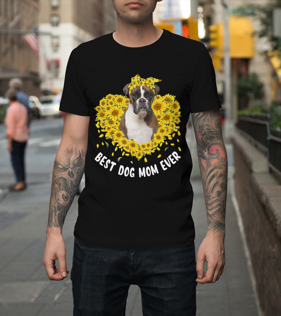 Best Dog Mom Ever Boxer Surrounded By Sunflowers T-Shirt