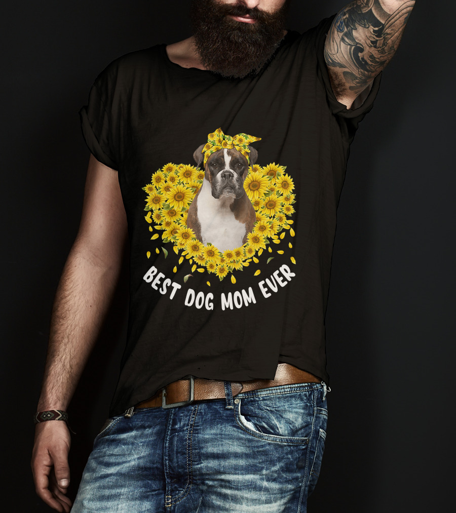 Best Dog Mom Ever Boxer Surrounded By Sunflowers T-Shirt