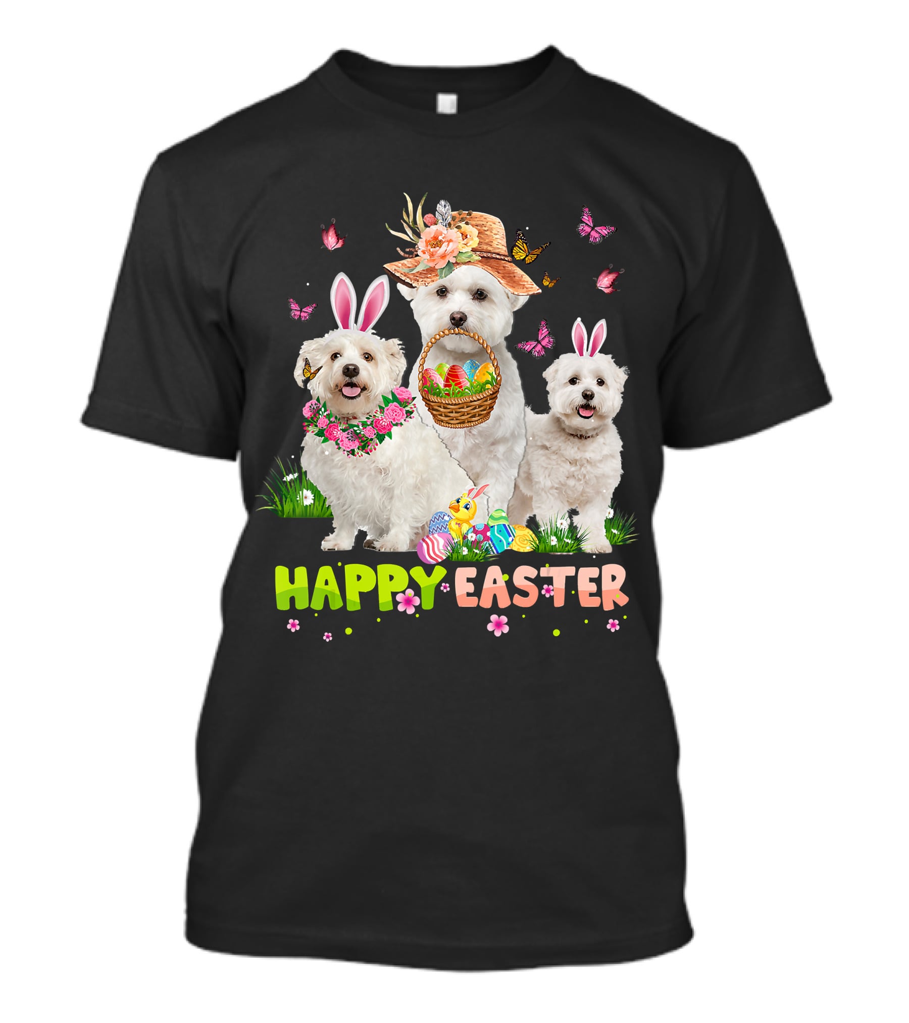 Happy Easter Maltese Dogs Bunny Ears Basket Eggs Butterflies T-Shirt