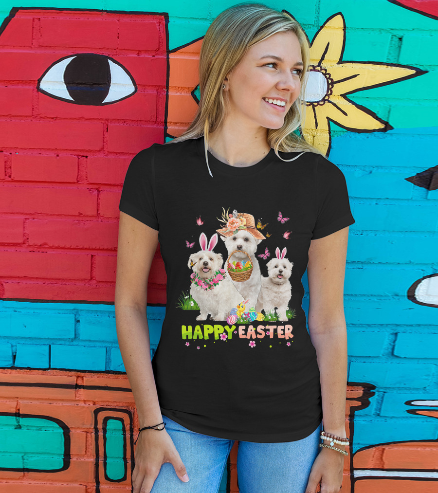 Happy Easter Maltese Dogs Bunny Ears Basket Eggs Butterflies T-Shirt
