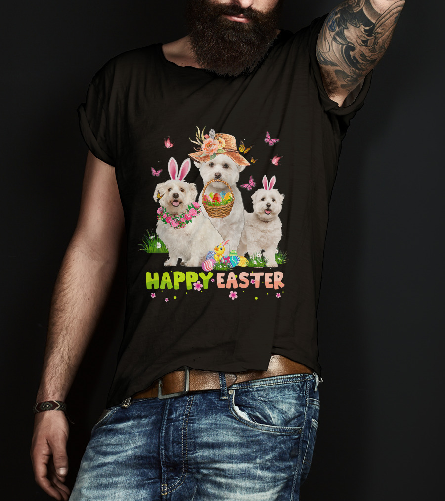 Happy Easter Maltese Dogs Bunny Ears Basket Eggs Butterflies T-Shirt