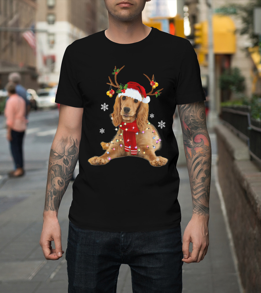 Cocker Spaniel In Santa Hat With Christmas Lights And Reindeer Antlers T-Shirt
