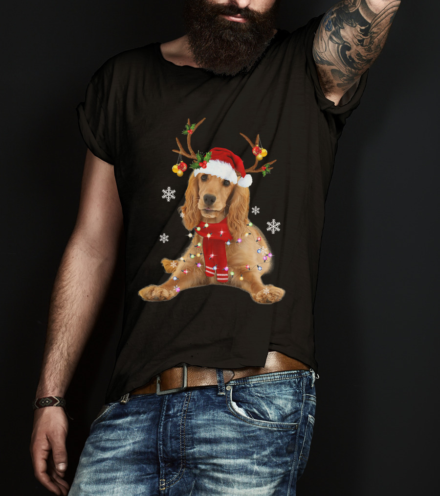 Cocker Spaniel In Santa Hat With Christmas Lights And Reindeer Antlers T-Shirt
