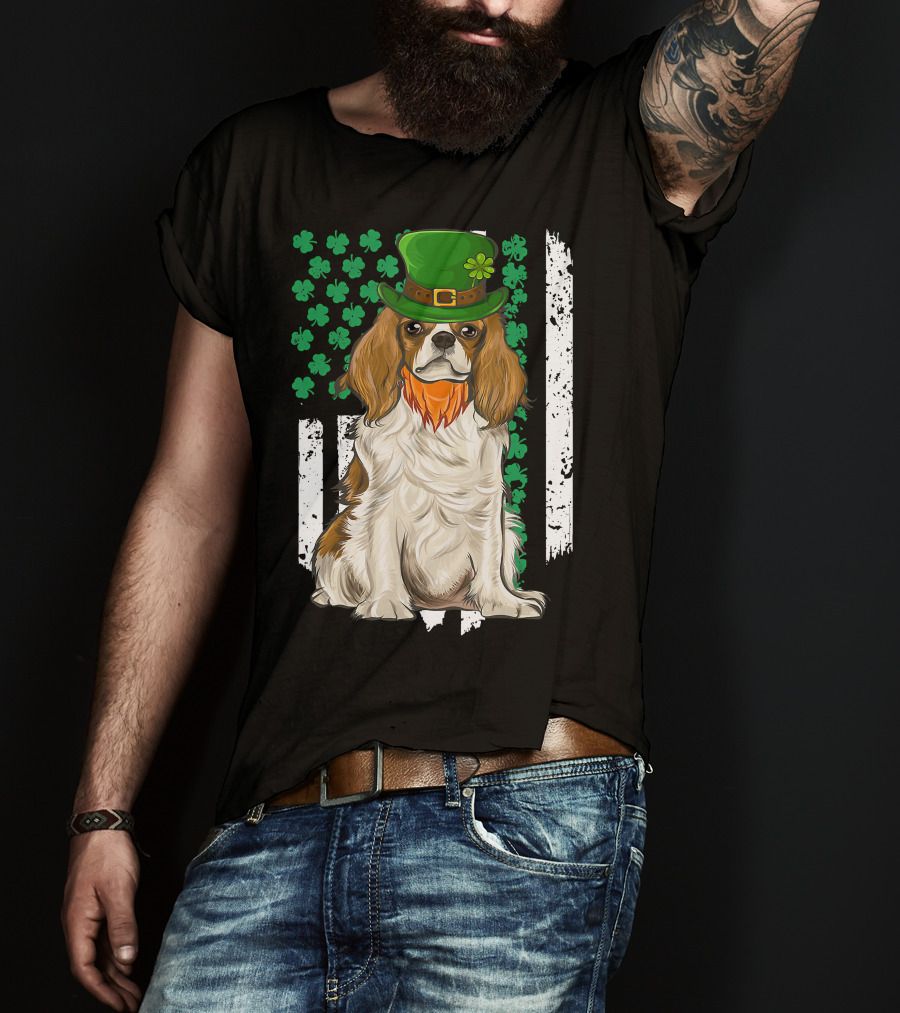 King Charles Spaniel St Patricks Day Irish Dog With Green Hat And Shamrocks T-Shirt