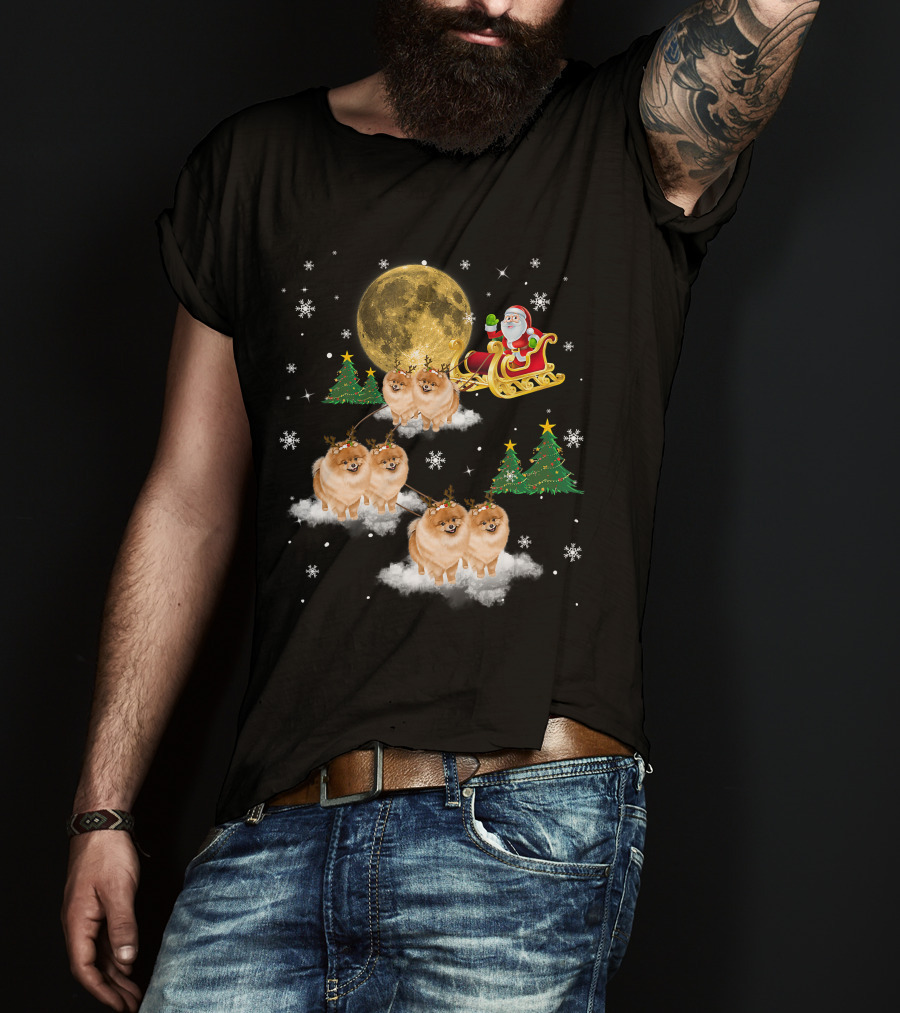 Pomeranian Christmas Santa Sled With Reindeer Funny Dog Love T-Shirt