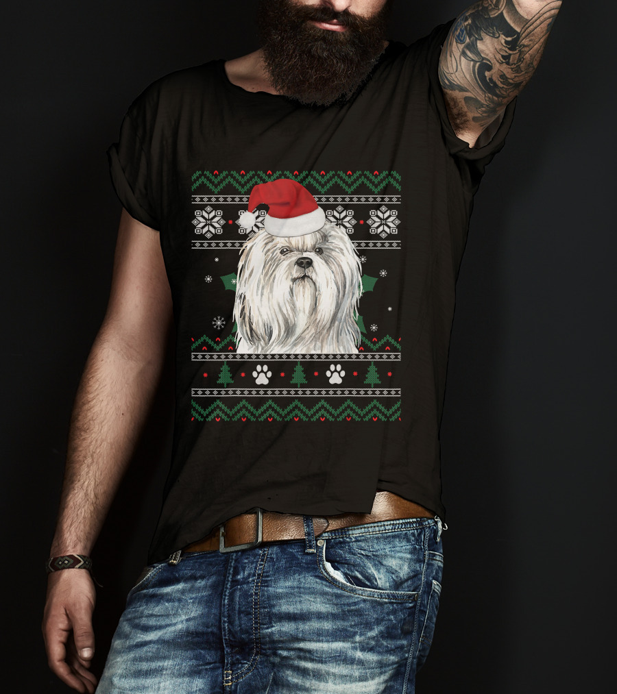 Cute Shih Tzu Dog Wears Santa Hat Christmas Pattern Snowflakes And Trees T-Shirt